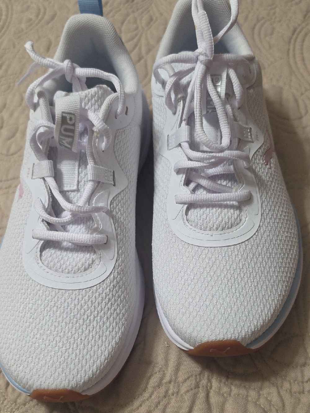 Puma White Mesh Sneakers with Light Pink And BlueAccents